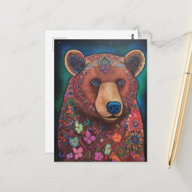 A Colorful Floral Bear Postcard (Front/Back In Situ)
