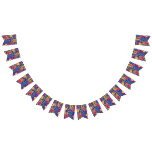 a colorful flower and leaves pattern on a blue bac bunting flags