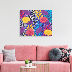 a colorful flower and leaves pattern on a blue bac canvas print