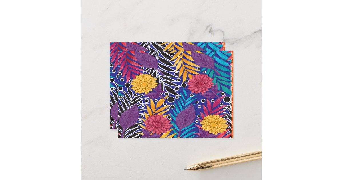 a colorful flower and leaves pattern on a blue bac postcard | Zazzle