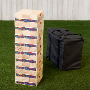 a colorful flower and leaves pattern on a blue bac topple tower