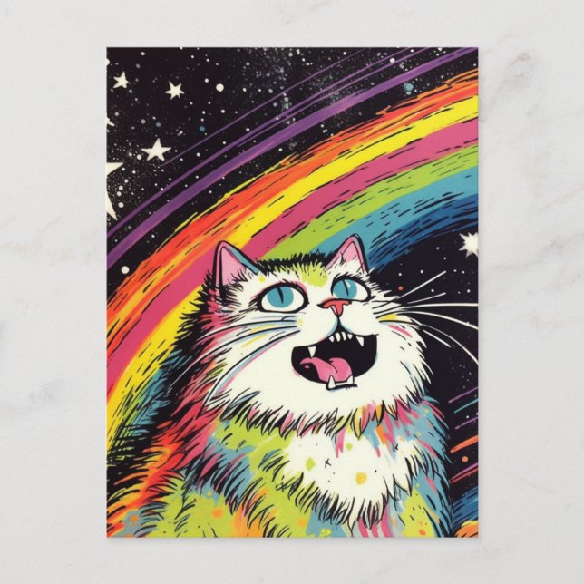 A Colorful Fluffy Cat in Space Postcard (Front)
