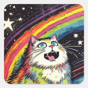 A Colorful Fluffy Cat in Space Square Sticker