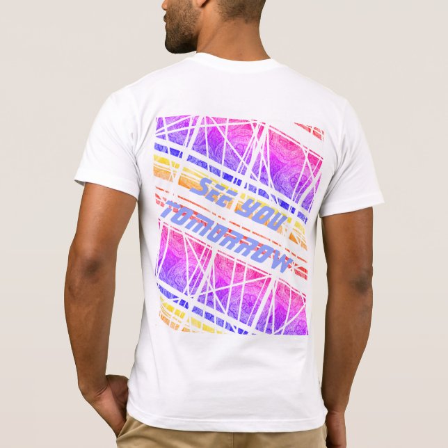 A colorful futuristic shirt with customizable text (Back)