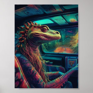 A colorful psychedelic lizard in a vehicle poster