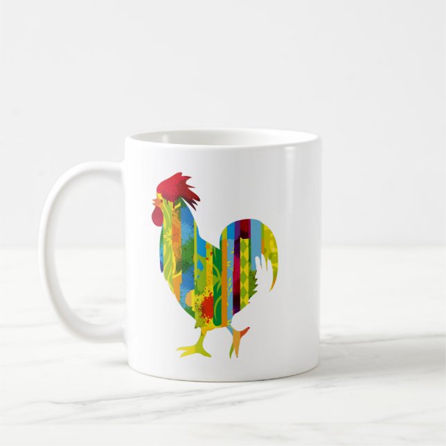 A colorful rooster coffee mug (Left)