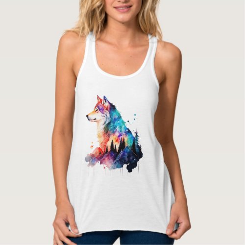 A Colorful Wolf Head Amidst the Forest Tank Top