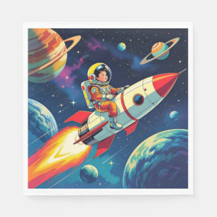 A Comic Book style Boy on a Rocket in Space Napkins