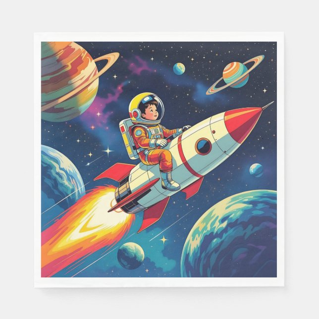 A Comic Book style Boy on a Rocket in Space Napkins (Front)