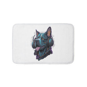 A cool dog listening to music bath mat