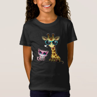 A cool giraffe and cat wearing sunglasses design T-Shirt
