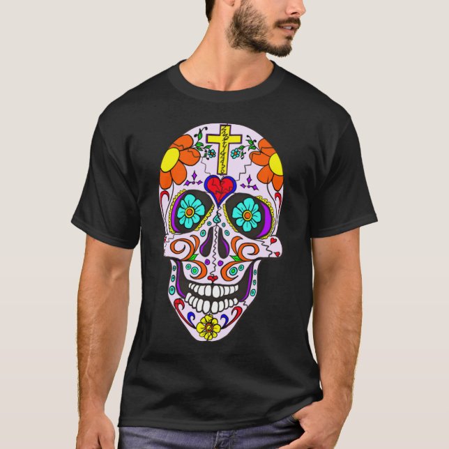 A cool SUGAR SKULL Dia de Muertos Day of the Dead  T-Shirt (Front)