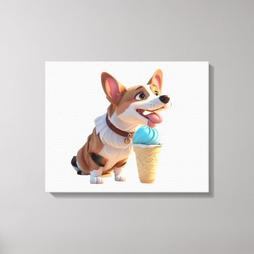 A Corgi Enjoying An Ice Cream Cone Canvas Print