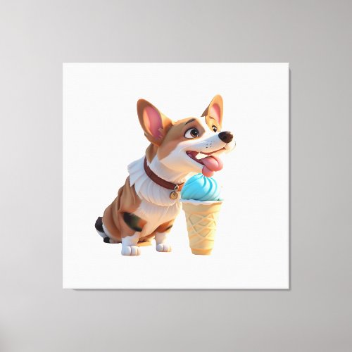 A Corgi Enjoying An Ice Cream Cone Canvas Print