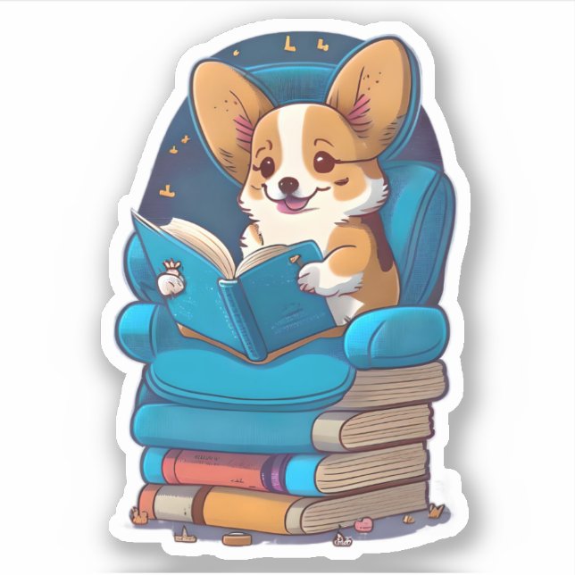 A Corgi puppy reading a book Sticker (Front)