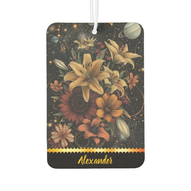 A cosmic bouquet of vibrant flowers in space air freshener (Back)