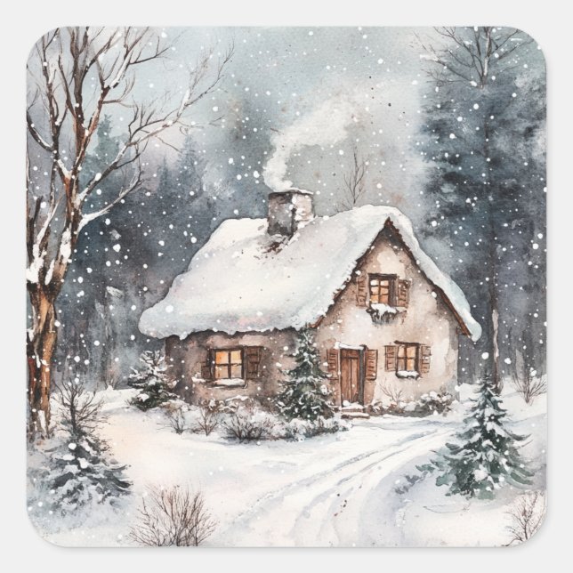 A Cosy Cottage in winter Square Sticker (Front)