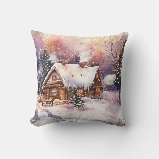A Cosy Cottage in winter Throw Pillow (Front)