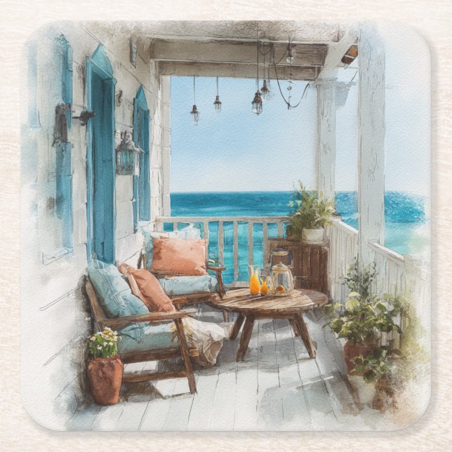 A Cosy Seaside Balcony Square Paper Coaster (Front)