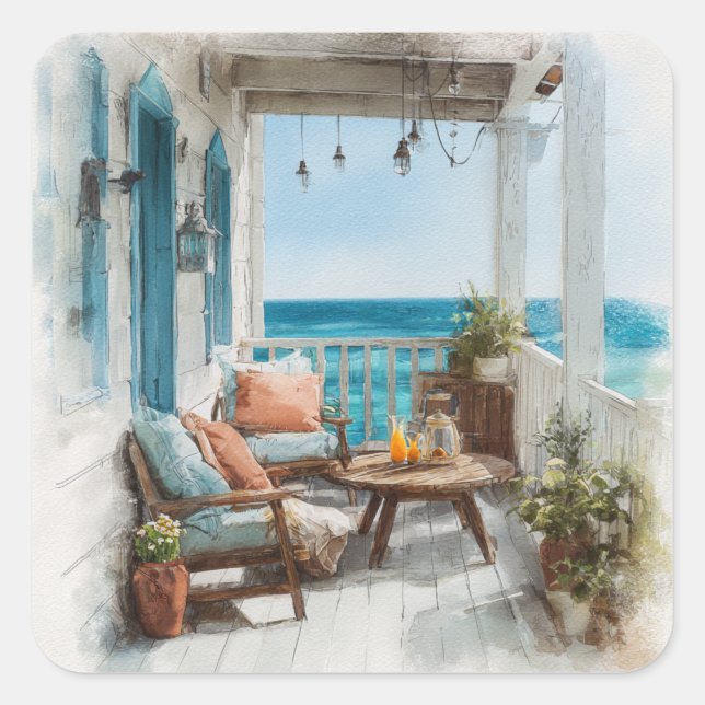 A Cosy Seaside Balcony Square Sticker (Front)