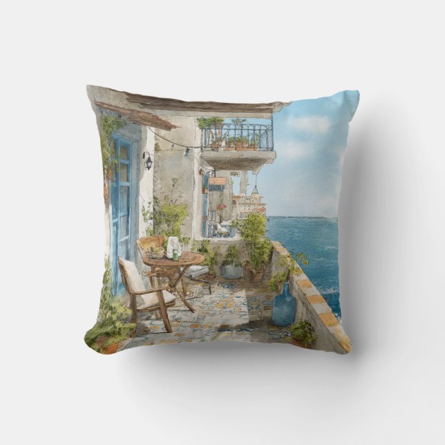 A Cosy Seaside Balcony Throw Pillow (Front)