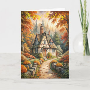 A Cottage in Autumn Fall Birthday Card