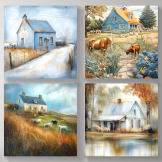 A Cottage with a Garden and some Farm Animals Acrylic Photo Tile
