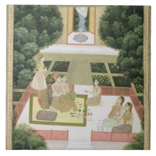 A couple in a garden listening to music with femal ceramic tile