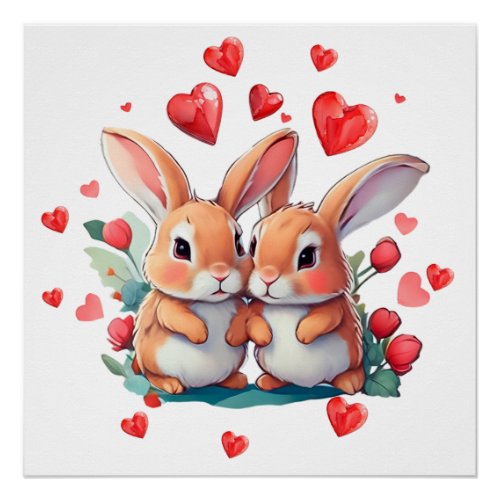 A couple of funny watercolor rabbits poster