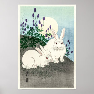 A couple of white bunnies at full moon poster