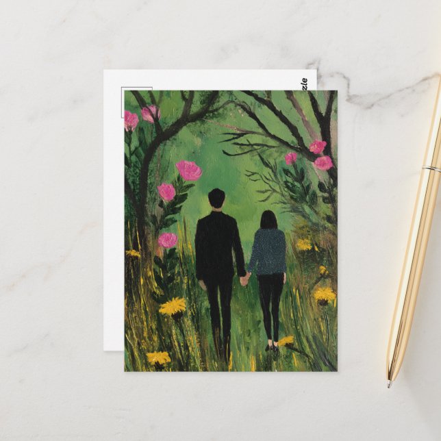 A Couple Walk in the Woods and Flowers Postcard (Front/Back In Situ)