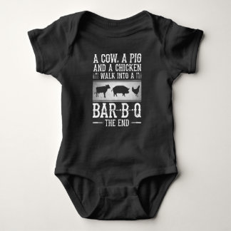 a cow, a pig and a chicken walk into a bar b q baby bodysuit
