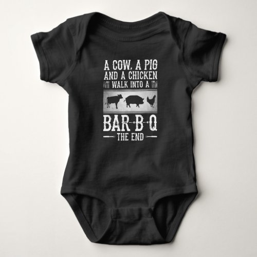 a cow a pig and a chicken walk into a bar b q baby bodysuit