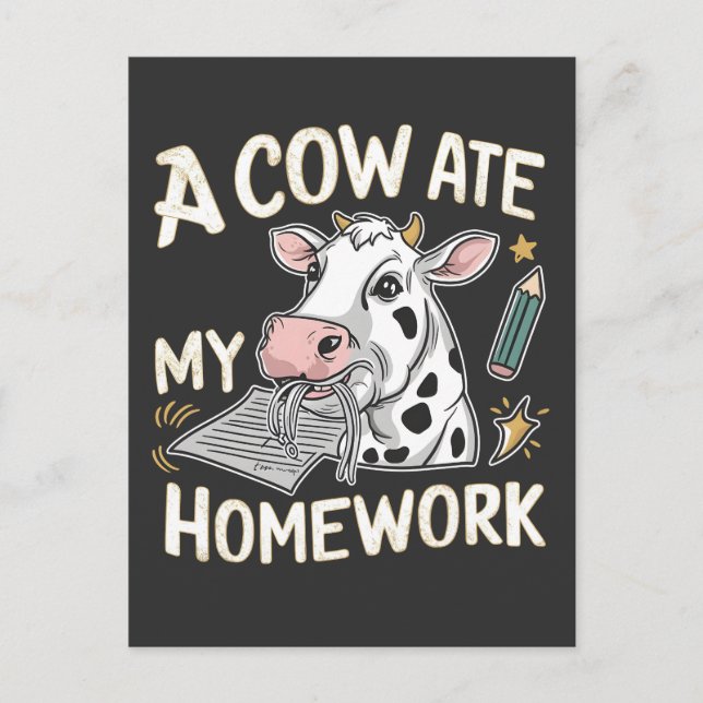 A Cow Ate my Homework Funny Back to school Cow Announcement Postcard (Front)