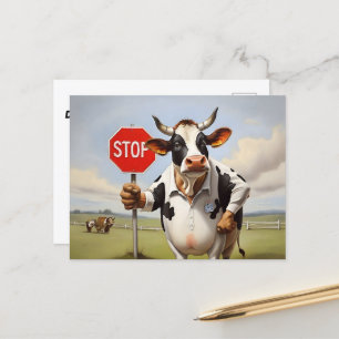 A cow holding a stop sign postcard