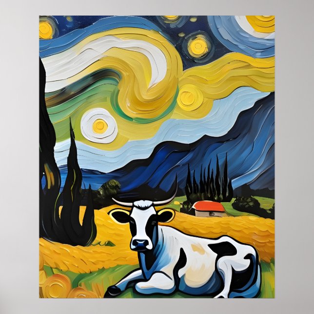 A Cow in The Starry Night Poster (Front)