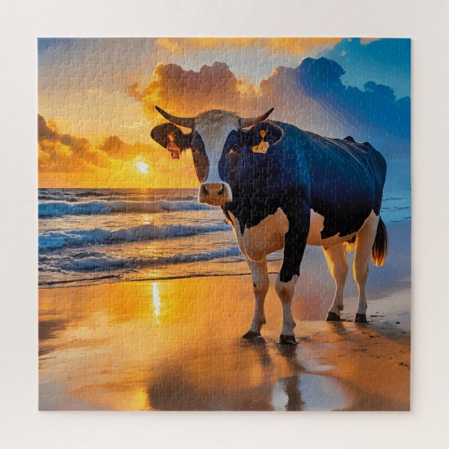 A cow on a sunlit beach children's jigsaw puzzle (Vertical)