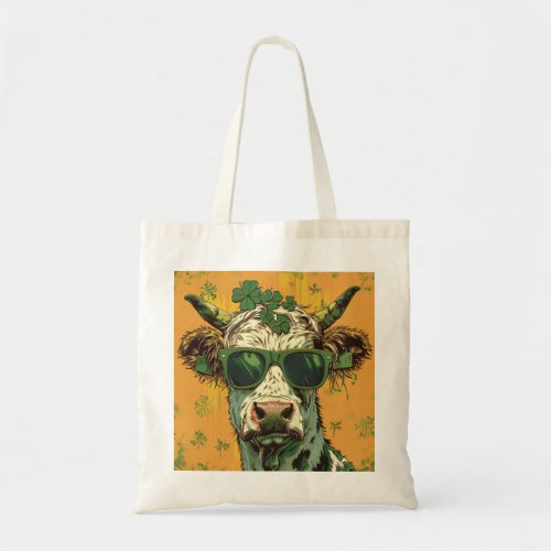 A cow with sunglasses and shamrocks on her head tote bag