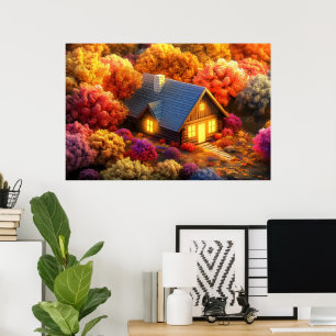 A cozy cabin nestled in the heart of a forest poster