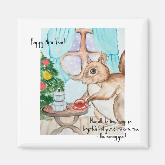 A cozy drawing of a cute squirrel magnet (Front)