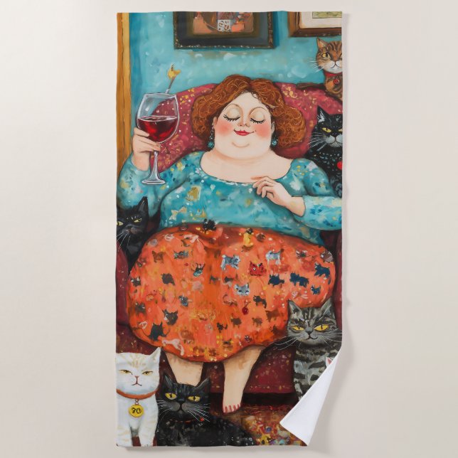 A Cozy Evening with Childless Cat Lady Beach Towel (Front)