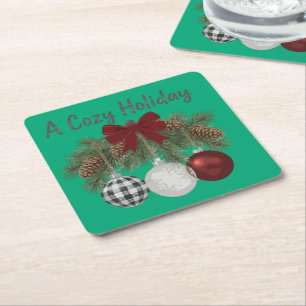 A Cozy Holiday Rustic Farmhouse Christmas Ornament Square Paper Coaster