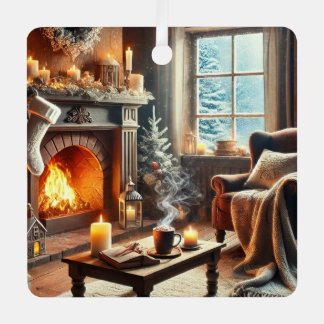 A cozy winter scene by the warm fireplace metal ornament