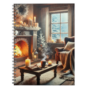 A cozy winter scene by the warm fireplace notebook