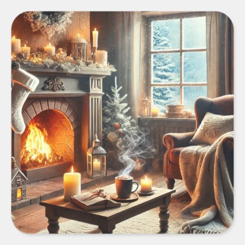 A cozy winter scene by the warm fireplace square sticker