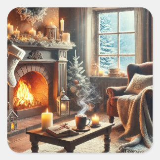 A cozy winter scene by the warm fireplace square sticker