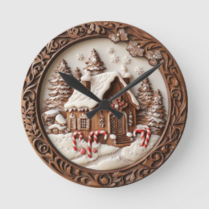 A cozy wooden cottage in winter. round clock