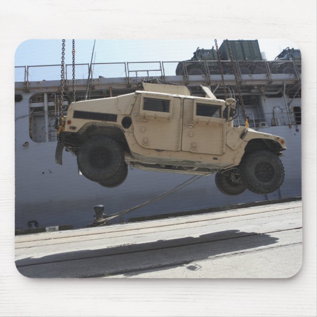 A crane lifts an M998 Humvee Mouse Pad (Front)