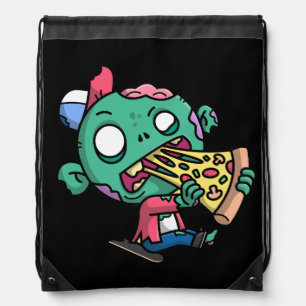 a creepy skating zombie is biting a slice of pizza drawstring bag