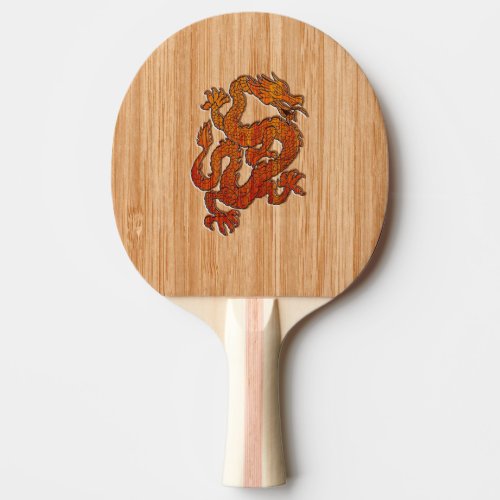 A Crimson Dragon on Bamboo like Ping_Pong Paddle